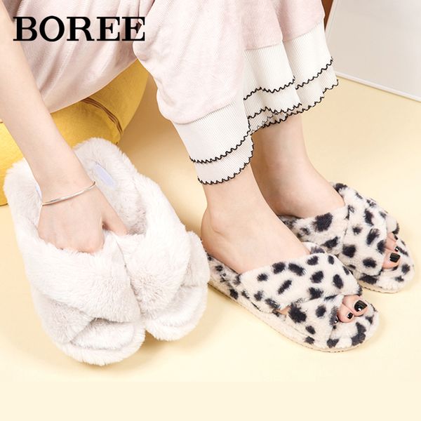 

boree winter women house slippers faux fur fashion warm shoes woman flats female slides leopard pink cozy home furry slippers x1020, Black