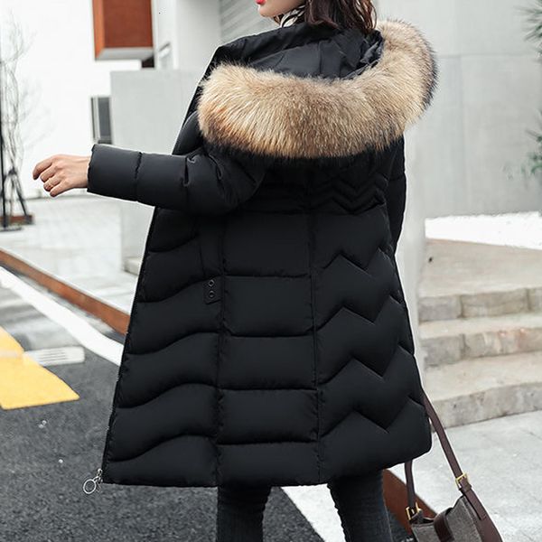 

new long winter 2021 female plus size fashion hood collar parkas cotton quilted jacket krhu, Black