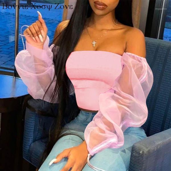 

women long puff sleeve off shoulder sheer mesh crop shirt blouse1, White
