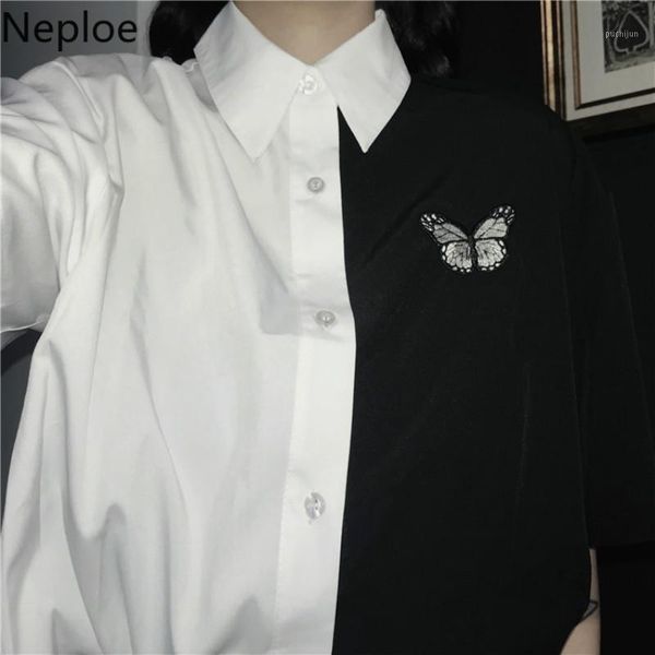 

neploe women blouse korean contract color patchwork shirts 2020 summer short sleeve butterfly embroidery blusas mujer 4b8041, White
