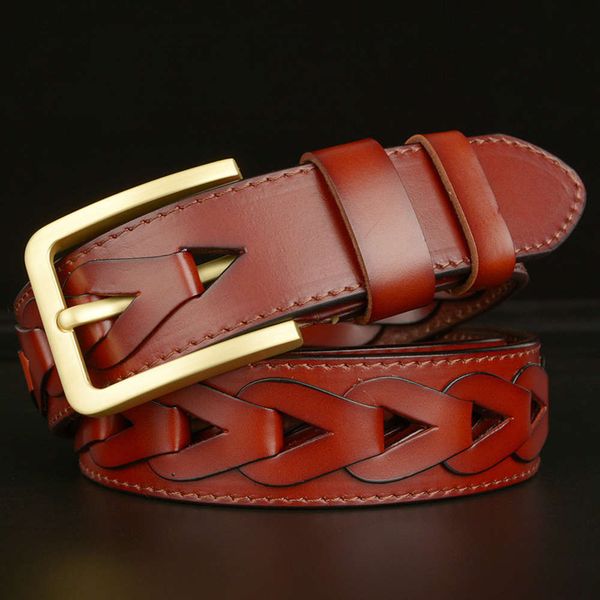

new genuine copper buckle, fashionable and personalized woven belt, leather leisure men's belt gift, Black;brown