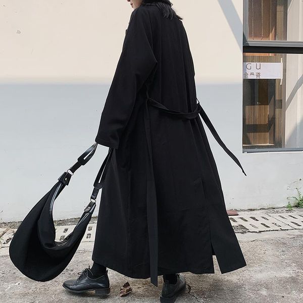 

women's trench coats johnature 2021 autumn long bandage fashion solid color turn-down collar pockets loose women, Tan;black