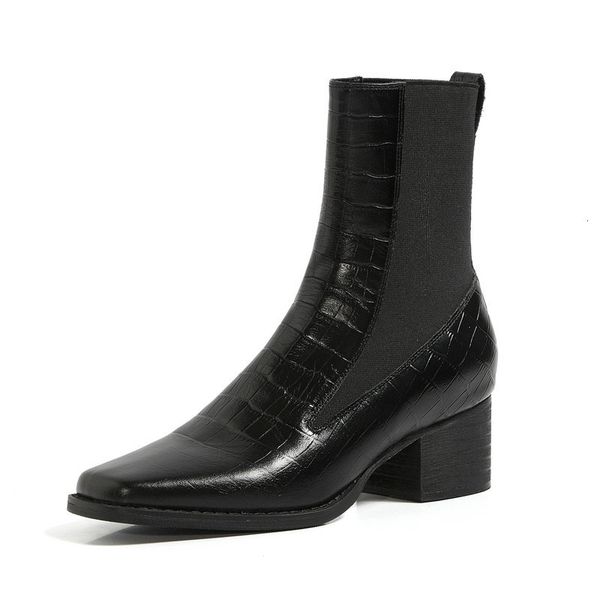 

2021 new brand cow leather ankle boots for women high heels elastic band short ladies shoes woman square toe party wedding pumps x6sm, Black