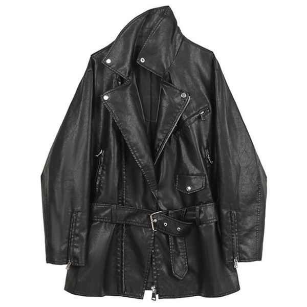 

ewq] autumn winter female turn-down collar long-sleeved suit loose minimalist pu leather lace up black coat 8q268, Black;brown