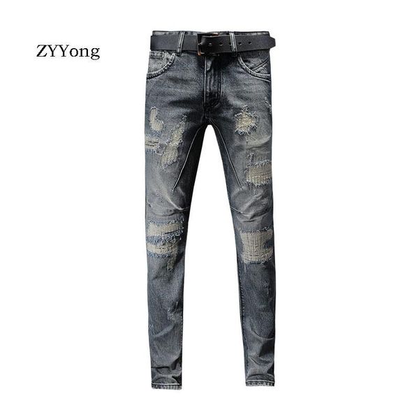

men's jeans zyyong straight pants fashion simple washed hole patch business casual style classic color denim, Blue
