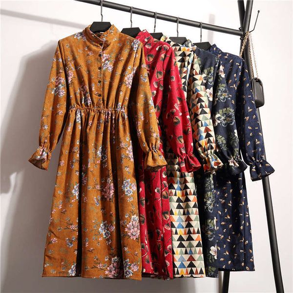 

autumn and winter new standing collar long sleeve corduroy floral dress, Black;gray