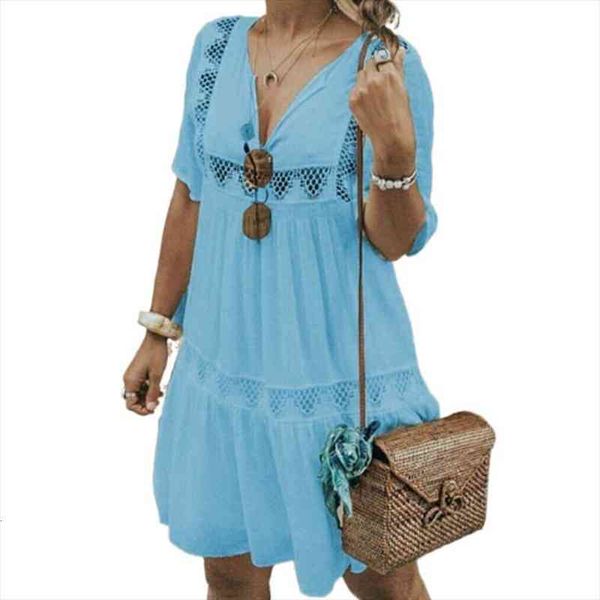 

women fashion plus size short sleeves loose casual pure color v neck lace dress casual dress summer, Black;gray