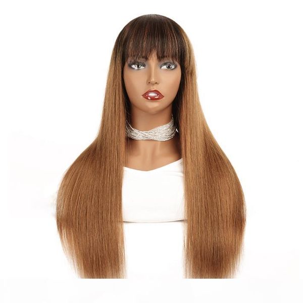 

выделите 1b 30 raw remy индейца прямых человеческих волос парики с челкой для black женщины full machine made blonde ombre бесклеевого парик, Black;brown