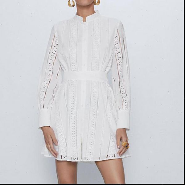 

2021 spring autumn hollow out mini shirt dress women long sleeve belt white elegant party dresses ladies vestidos, Black;gray