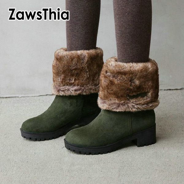 

zawsthia 2020 winter faux fur plush warm woman shoes round toe platform chunky square mde heels green black women snow boots
