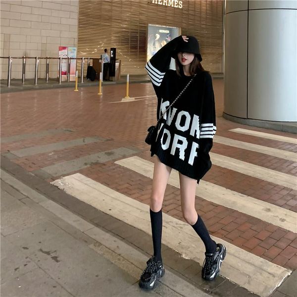 

women's sweaters 2021 autumn and winter fashion hong kong style letters contrasting color loose, lazy thin pullover mid-length trend, White;black