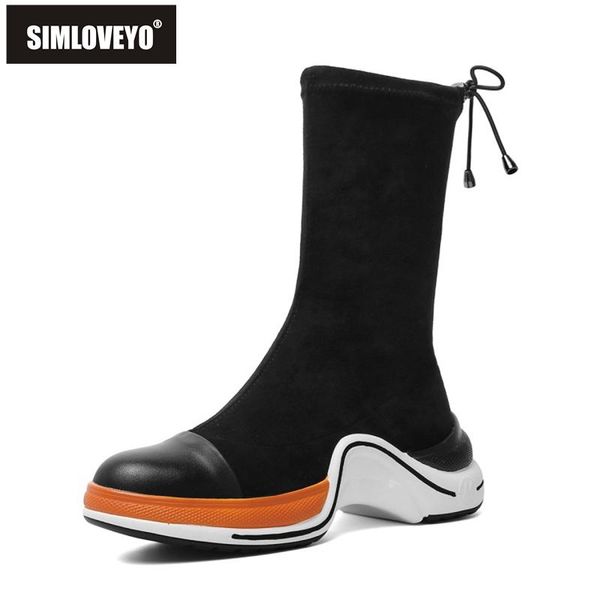 

simloveyo женщина теплого midcalf сапоги toe плоская остроконечного натуральная кожа зашнуровать сдобы нижних большого размера 34-43 черных, Black