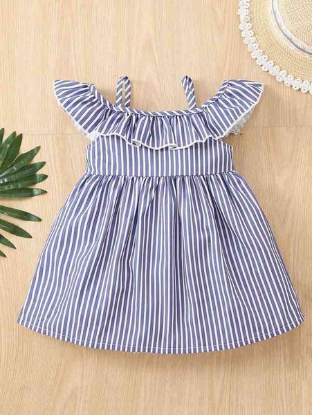 

baby vertical striped ruffle trim cold shoulder dress she, Red;yellow