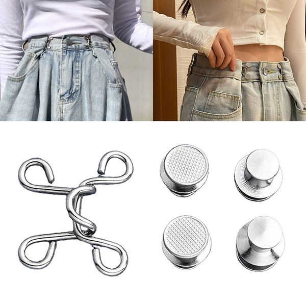 

4 sets metal jeans waist buckle, adjustable snap nail-waist buckle set for jeans pants skirt waist tightness, silver, black,gold and