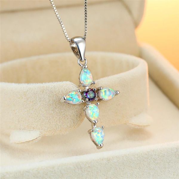 

elegant female green crystal pendant necklace trendy opal chain necklaces for women charm bridal cross wedding necklace, Silver