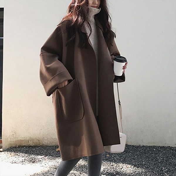 

2019 new women outerwear winter clothing coat new fashion long woolen coat elegant cardigan woolen winter wool jackets, Black