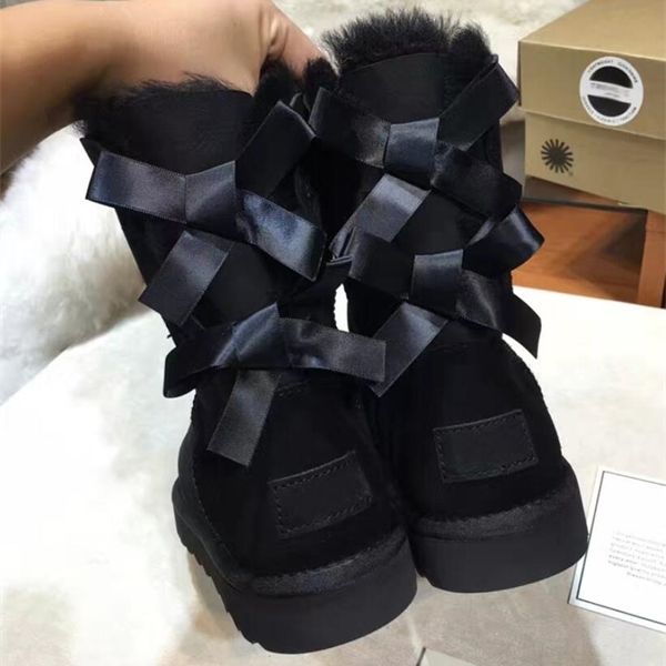 

2020 women's australian snow cow fur wool ribbon double bows middle tube plus velvet warm cotton boots 1026, Black