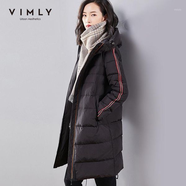 

vimly 90% white duck down jacket women winter contrasting webbing design zipper pockets thicken coats female overcoat 5093h1, Black