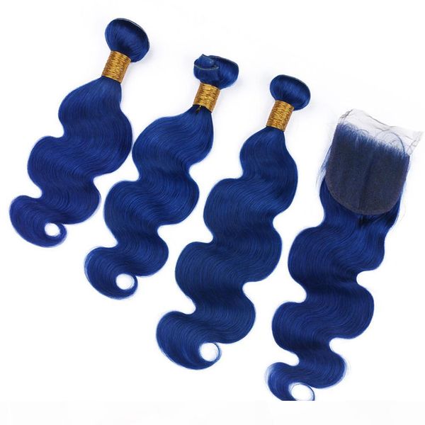 

body wave virgin brazilian dark blue human hair wefts with closure 4pcs lot colored blue virgin hair weave bundles with lace closure 4x4, Black;brown