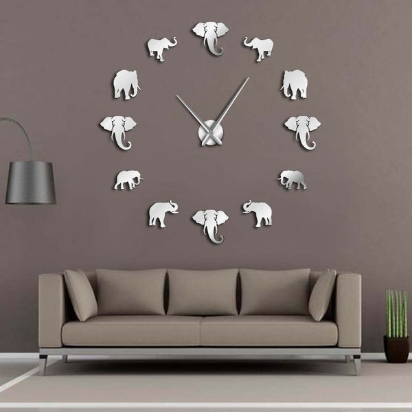 Animali della giungla Elefante Fai da te Grande Orologio da parete Decorazioni per la casa Design moderno Effetto specchio Gigante Elefanti senza cornice Orologio fai da te 201118