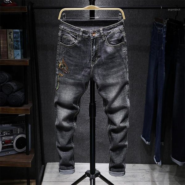 

fashionable men's jeans slim fit straight outer embroidery decorative trousers fashion trend youth streetwear men's clothing1, Blue