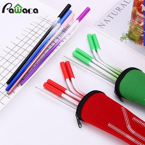 

drinking straws 4pcs/set reusable stainless steel straight bent with silicone tips cover and cleaning brush bar party accessory1