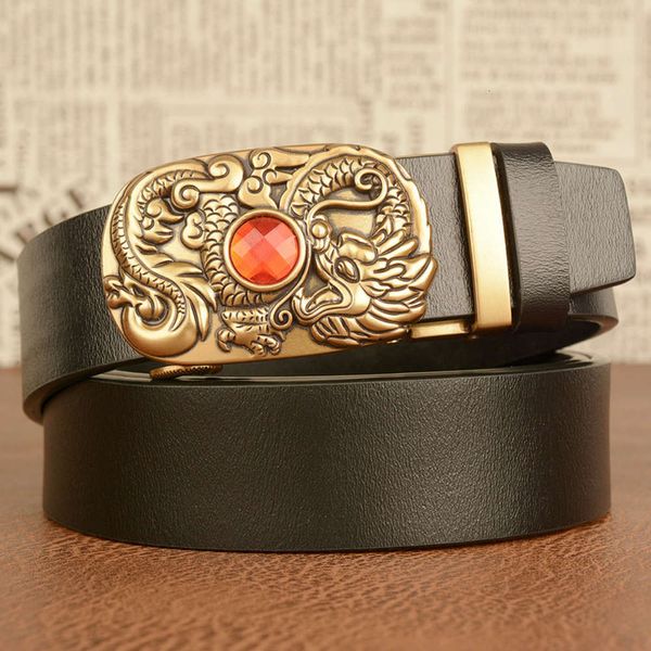 

men's belt with dragon pearl inlaid and automatic buckle, Black;brown