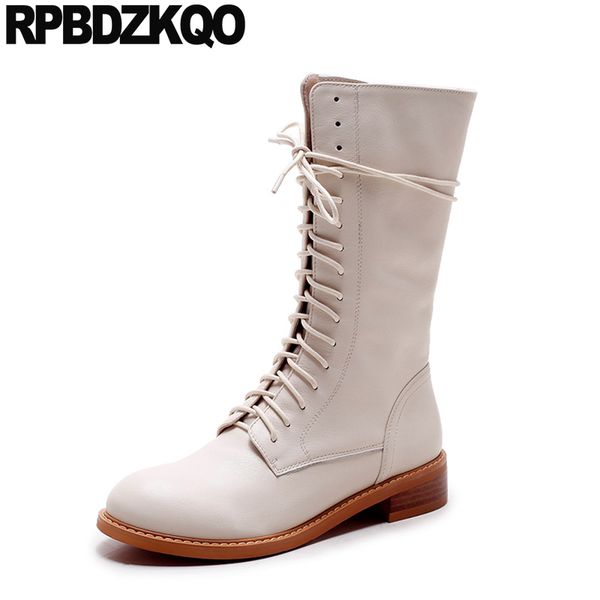 

boots lace up round toe black side zip genuine leather chunky winter european women combat shoes mid calf high quality