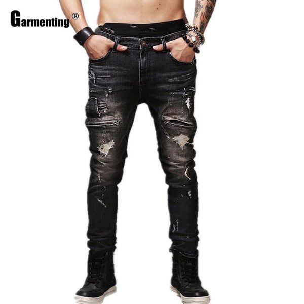 

garmenting мужские джинсы прямые демин брюки мужской моды hole ripped pants streetwear мотоцикла изношенные джинсы донные мужские брюки, Blue