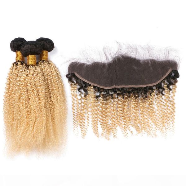 

two tone 1b 613 dark root ombre virgin human hair bundles afro kinky curly with 13*4 blonde ear to ear lace frontal closure, Black;brown