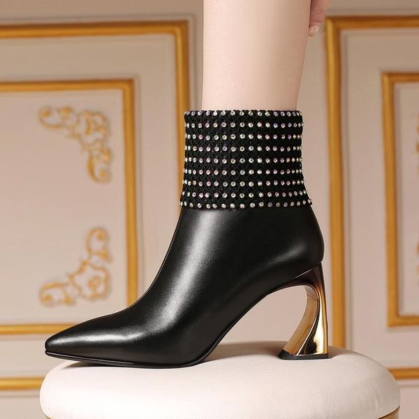 

elegant fashion women genuine leather ankle boots thin high heels rhinestone shoes woman pointed toe autumn winter boots shoes, Black