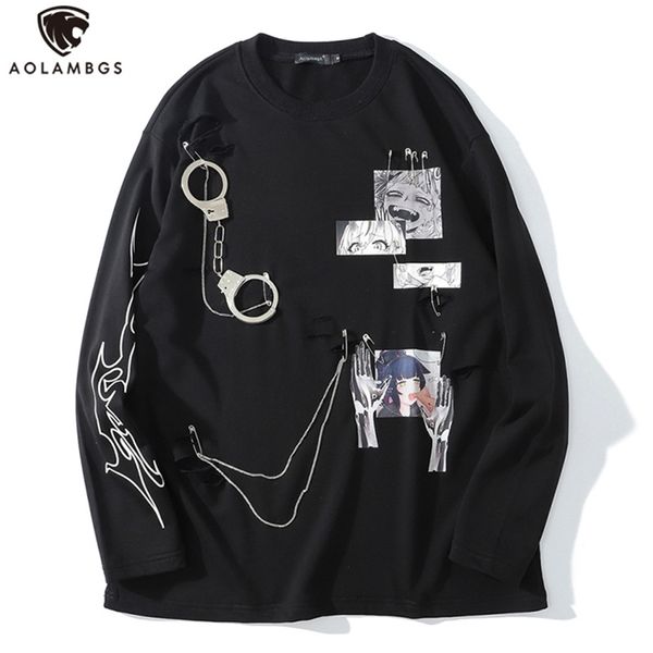 

aolamegs comics anime manga illustration hook and loop fastener chain design thin sweatshirt streetwear men high street pullover 220309, Black