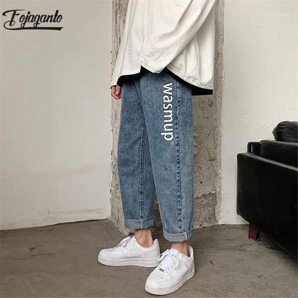 

men's jeans fojaganto trend straight men men's high street print ankle-length pants spring summer wash male1, Blue