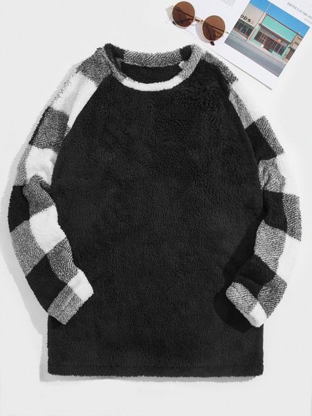 

men contrast buffalo plaid raglan sleeve teddy pajama c60r#, Black;brown