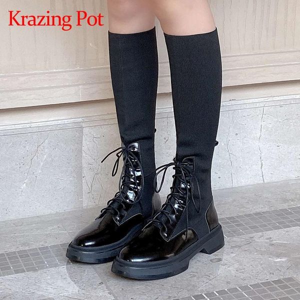 

krazing pot genuine leather round toe med heel knitting boots cross-tied korean street pretty girls dating knee-high boots l0f7, Black