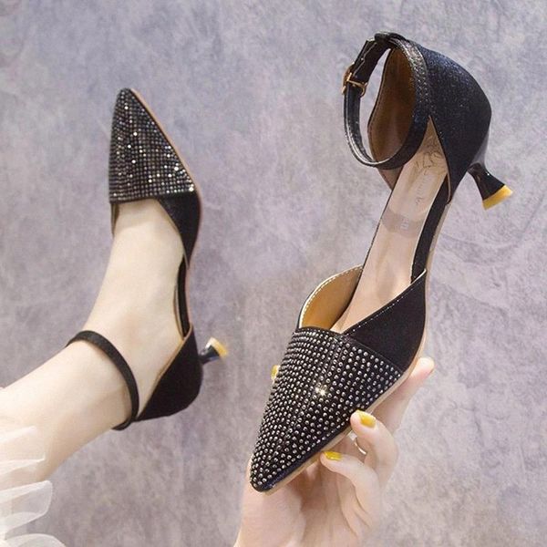 

2021 summer women ankle strap pumps pointed toe sandals female bling dress shoes crystal low heels ladies shoes sandalias 8930n #ok9v, Black