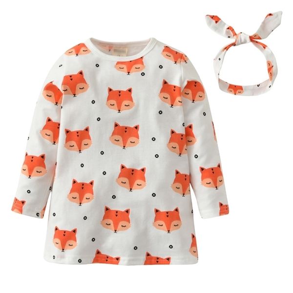 Newborn Baby Girls Одежда Милый длинный рукав Fox Print Платье + оголовье Младенческая Осенняя Одежда набор одежды LJ201223