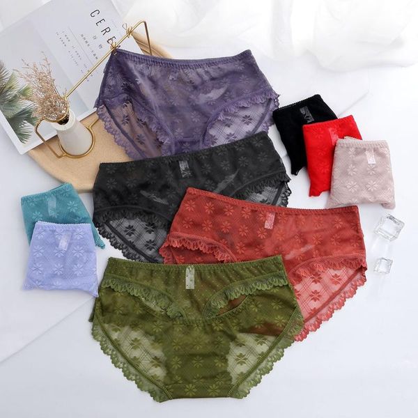 

lace women's translucent briefs pure cotton crotch breathable mesh hollow underpants pink transpar lingerie sexi panti, Black;pink