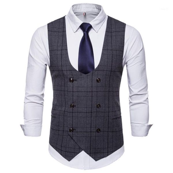 

spring new men's u-neck plaid print double breasted casual vest men's large suit vest jacket1, Black;white
