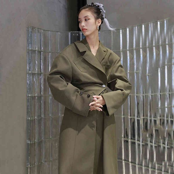 

women's trench coats [eam] women green irregular long big size lapel sleeve loose fit windbreaker fashion spring autumn 2022 1dd0242 15, Tan;black