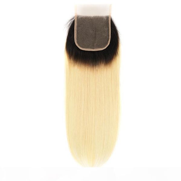 

ombre 1b 613 straight lace closure with baby hair bleached knots remy human hair 4x4 lace closures, Black;brown