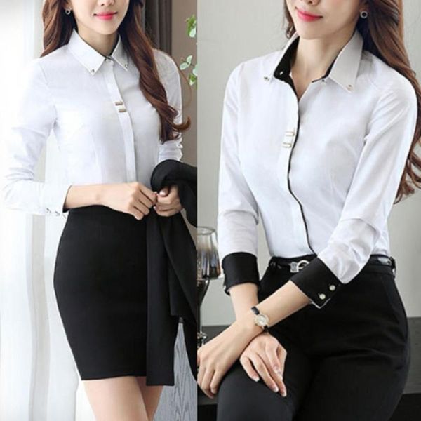 

office lady turn down collar long sleeve cuff cotton plus size shirt, White
