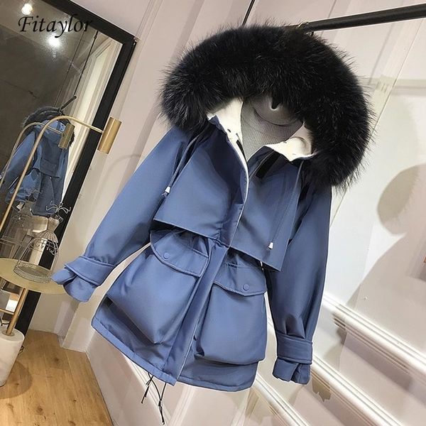 

fitaylor white duck down parkas winter jacket women warm real natural fur coat female hooded sash tie up loose snow oversize 201125, Black