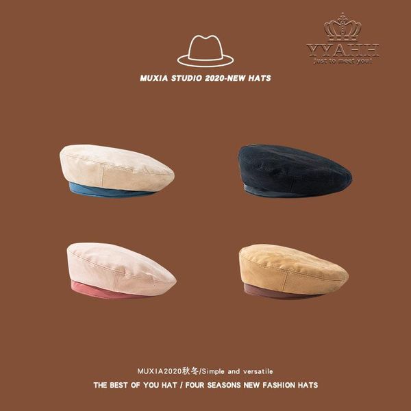 

autumn/winter deer leather velvet solid color beret female british retro japanese octagonal hat ins fashion pumpkin hat women, Blue;gray