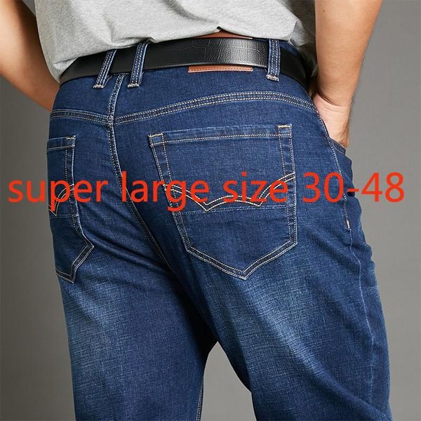 

new autumn winter high waist elastic jeans men super large straight tube casual lengthening pants full length plus size 30-46 48, Blue