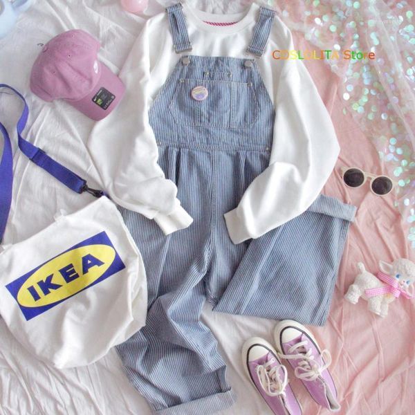

women's pants & capris spring autumn women striped denim jumpsuits girls loose trousers korean students wild harajuku overalls straight, Black;white