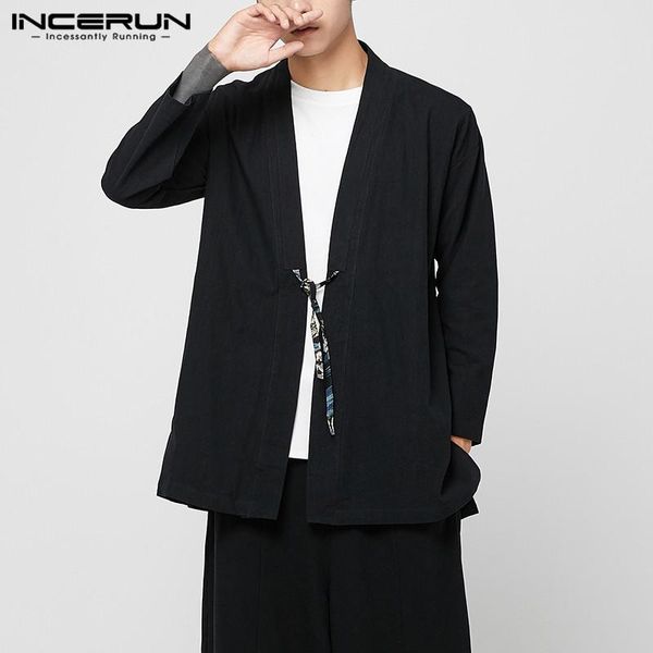 

incerun men streetwear solid color long sleeve fashion jackets cardigan casual harajuku retro cotton baggy mens kimono coats, Black;brown