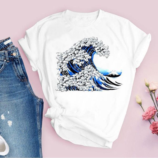 

women graphic aesthetic kawaii wave dog fashion 90s summer autumn print lady tees clothing female t shirt womens t-shirt, White