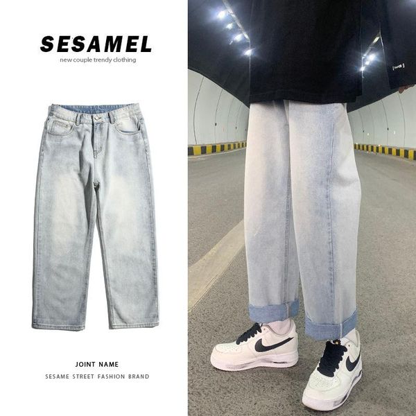 

spring wide-leg jeans men's fashion retro casual jeans men streetwear korean loose hip-hop straight denim trousers mens -4xl, Blue