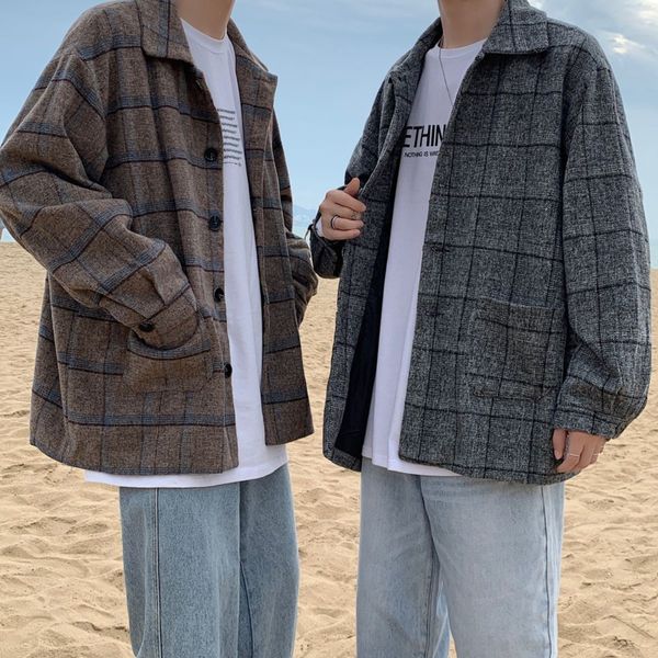 

плюс хлопок plaid пальто мужская мода ретро случайные короткие шерстяные пальто мужчины streetwear дикий сыпучие корейский шерстяная куртка, Black